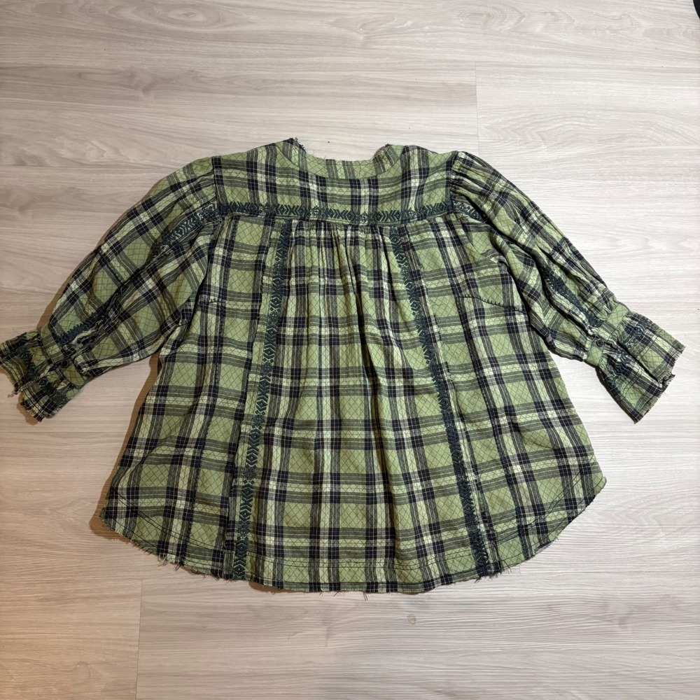 Free People Blouse Women Green Plaid Embroidered Henley Boho Raw Hem Size S - Picture 2 of 16